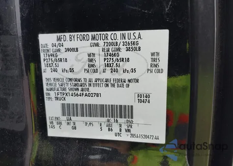 2004 Ford F150 из США, поврежденный, VIN 1FTPX14564FA02781